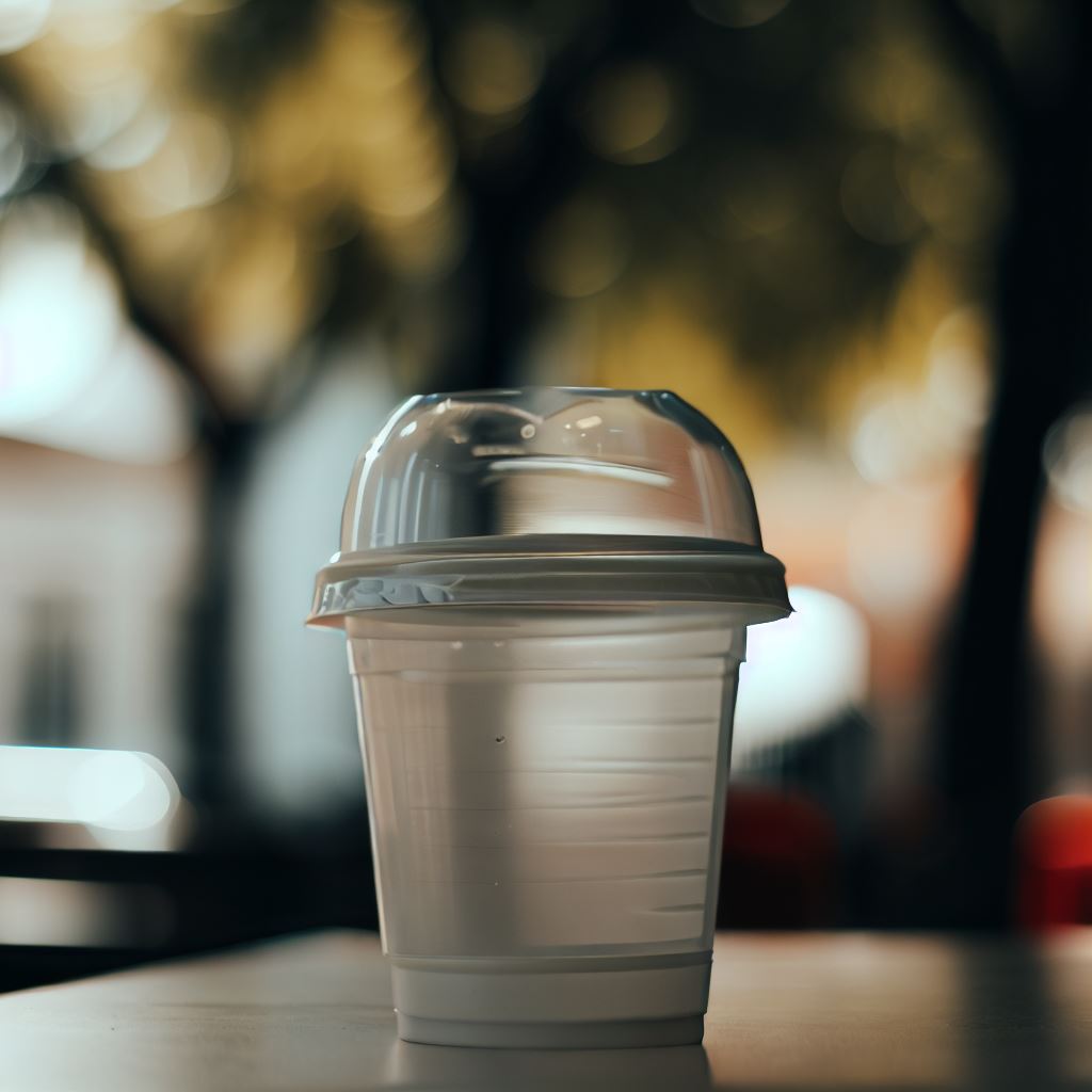 カフェで提供される使い捨てプラスチックカップの写真、背景は街路樹のある道路